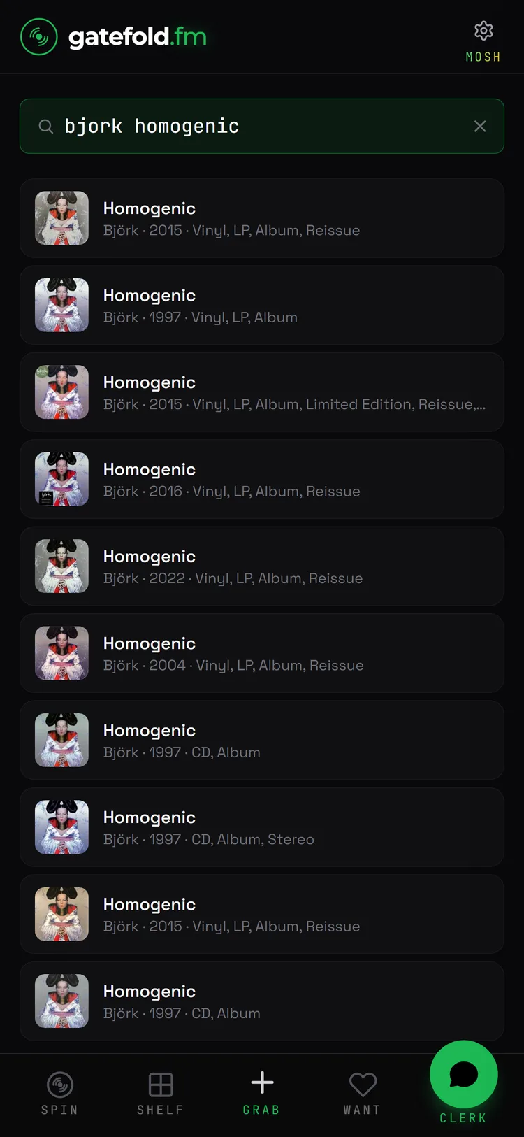 Add Album — search by name, catalog number, or UPC