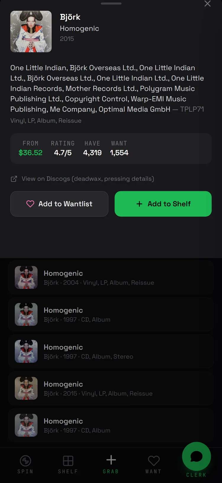 Add Album — search by name, catalog number, or UPC