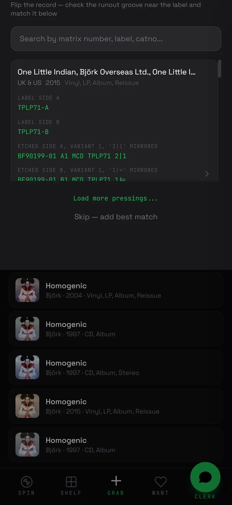 Add Album — search by name, catalog number, or UPC