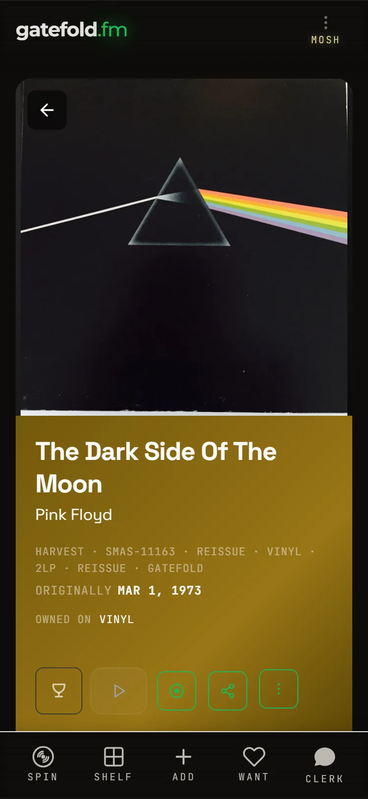 Album detail — pressing info and Gatefold / Apple / RS rankings