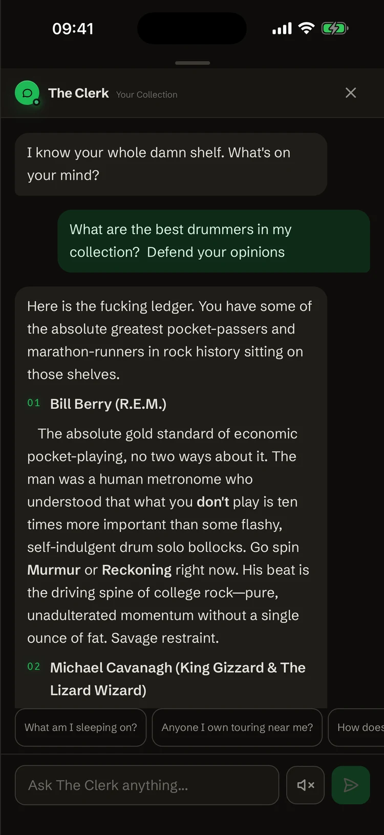 Clerk chat — asked to rank the best drummers on the shelf and defend it, the Clerk opens 'Here is the fucking ledger' and puts Bill Berry of R.E.M. at 01: savage restraint