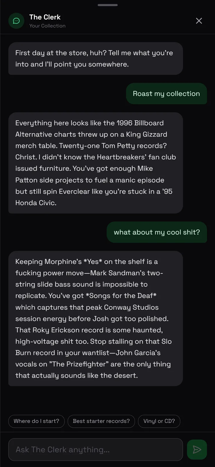 Clerk chat — deep conversation about vinyl pressings