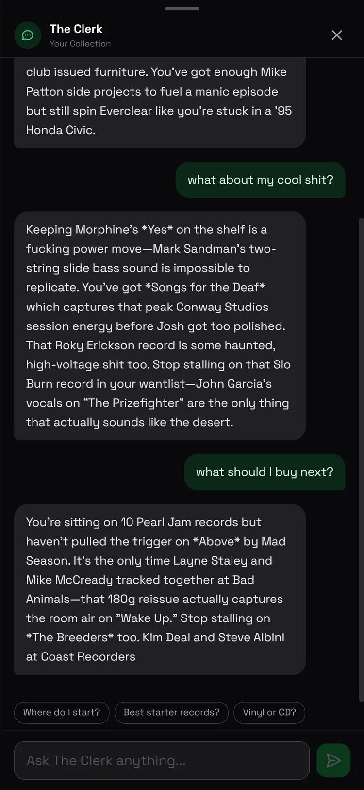 Clerk chat — exploring artist discography