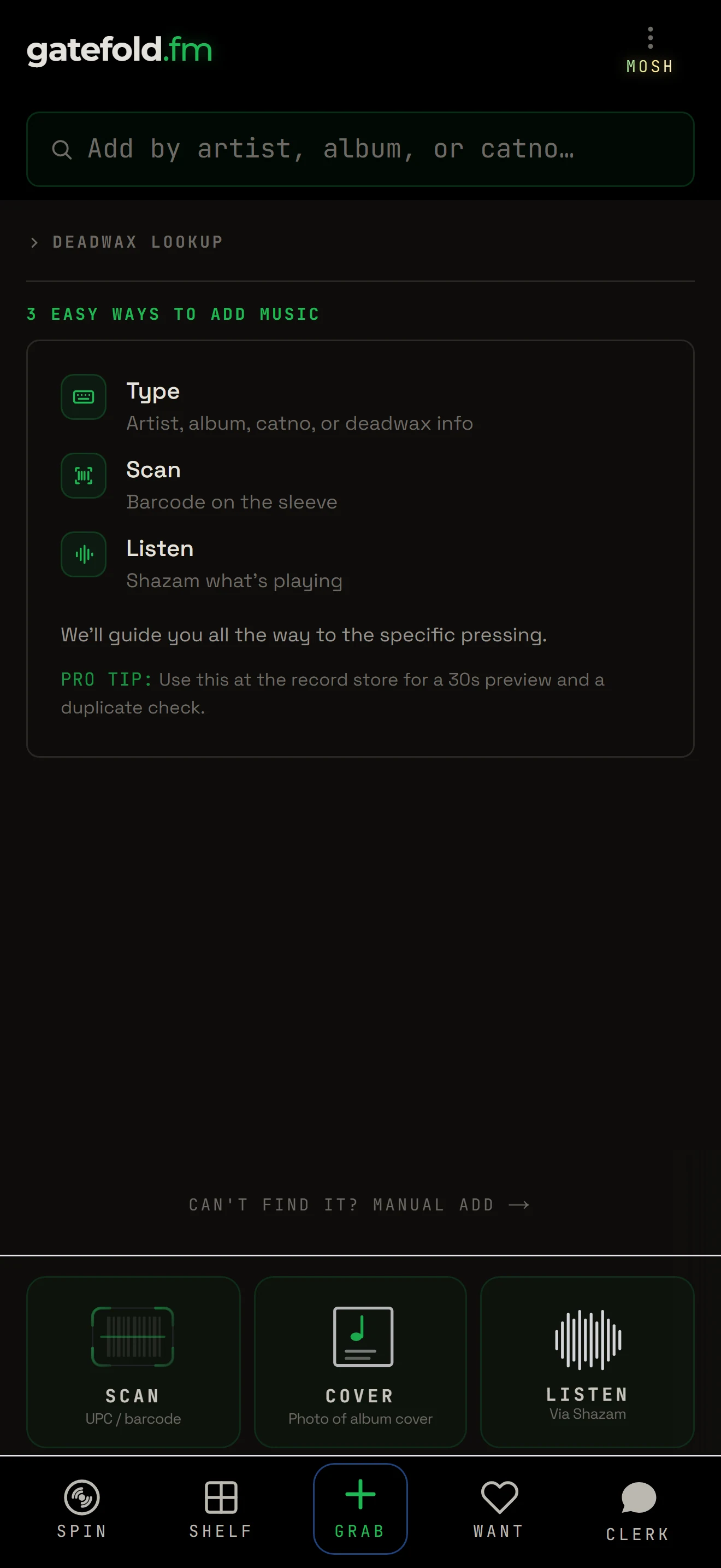 The Gatefold scan screen — three modes: type, scan, listen