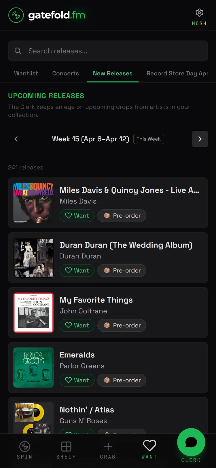 Wantlist — upcoming releases from artists in your collection