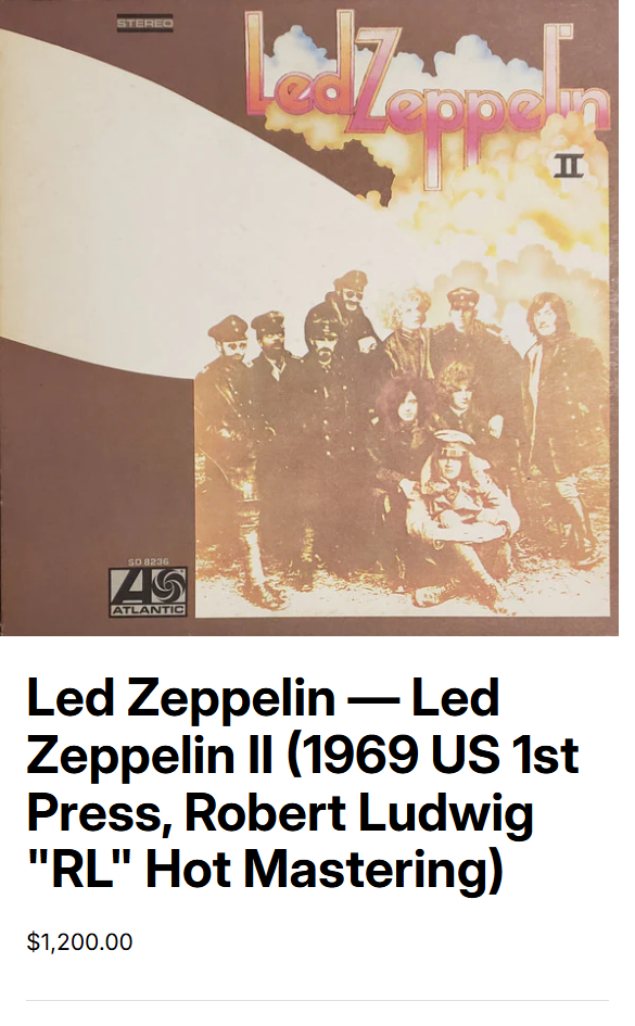 Enriched listing: the real Led Zeppelin II jacket, the 1969 US 1st-press Robert Ludwig title, $1,200.