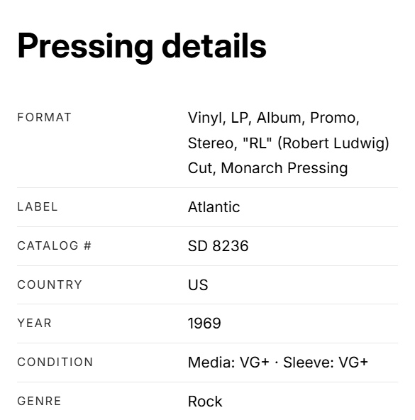 Pressing details table: format, label, catalog number, country, year, condition, genre.