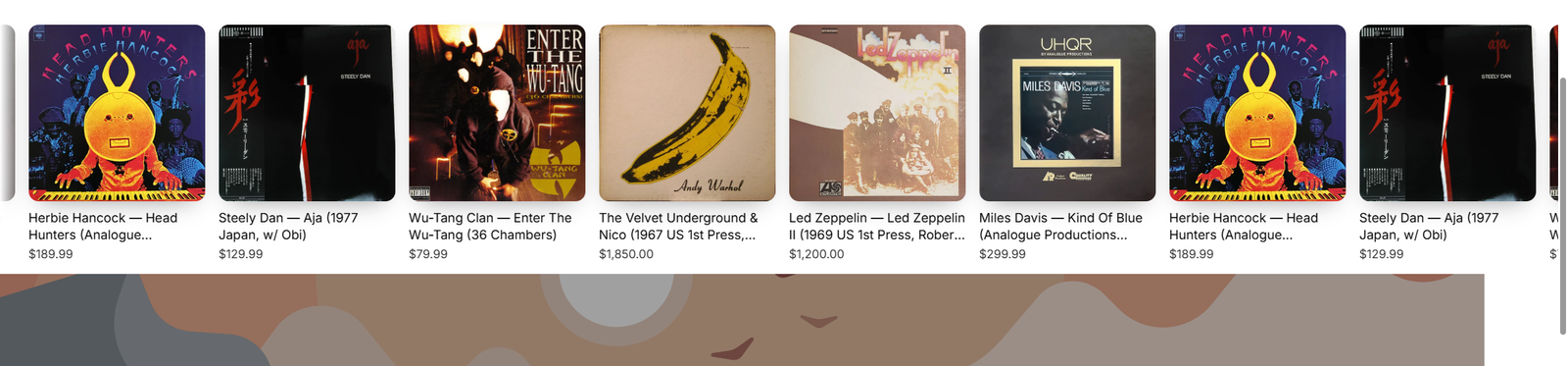Grail Wall block on a live storefront: a drifting rail of album covers