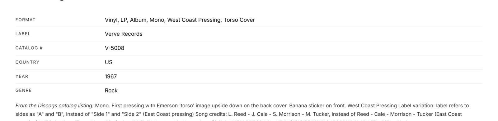 Pressing Details block on a live product page: Verve Records, V-5008, US, 1967, mono West Coast pressing