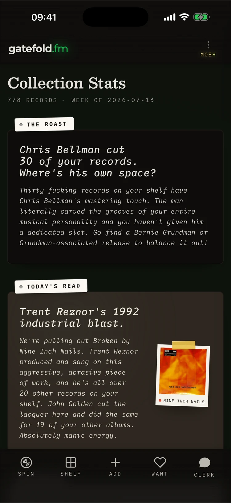 Collection Stats — The Roast: 'Chris Bellman cut 30 of your records. Where's his own space?'