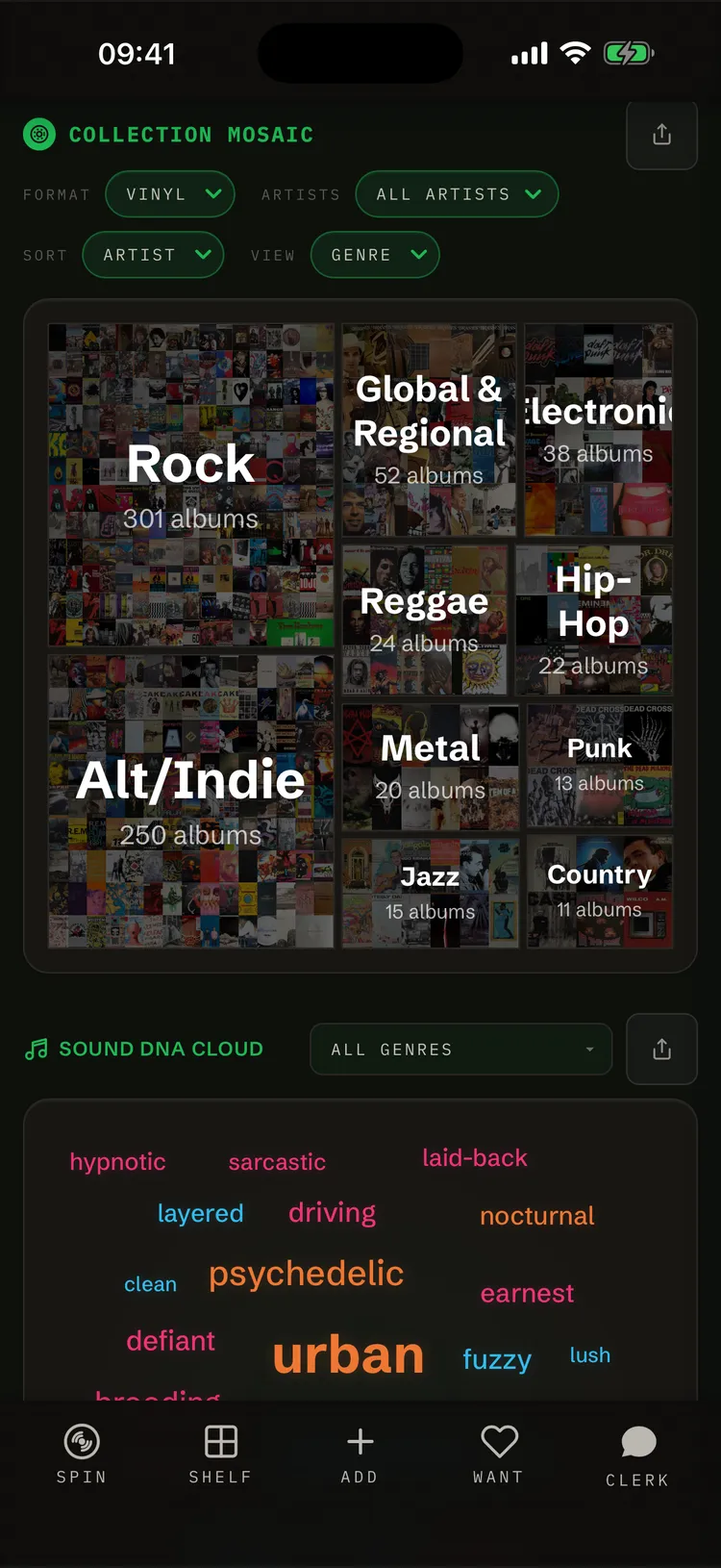 Collection Mosaic — your shelf mapped by genre, plus a Sound DNA cloud