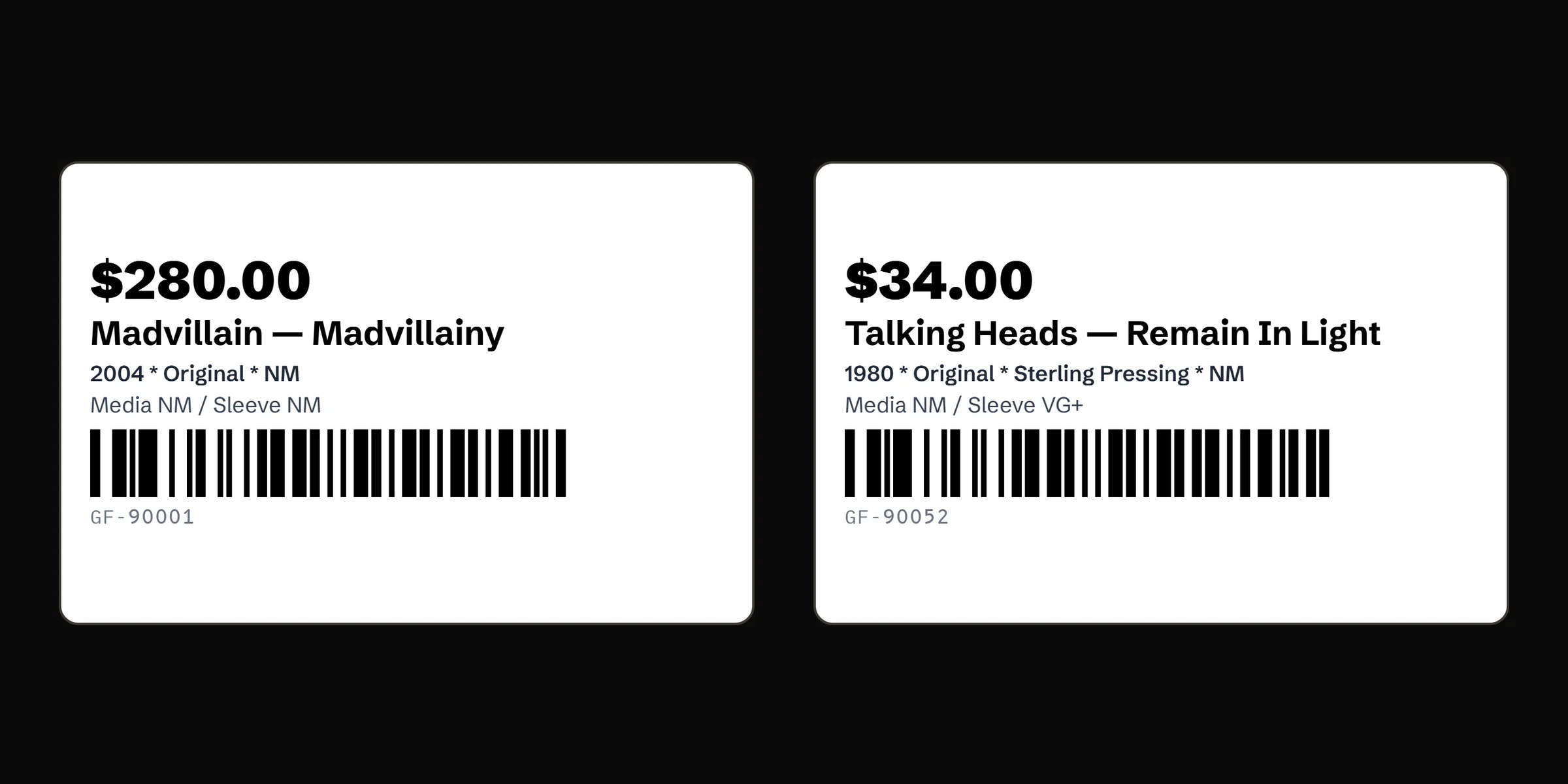 The label print queue: six thermal price labels previewed, each with a barcode, a scan line and a QR square, with more batches queued alongside.