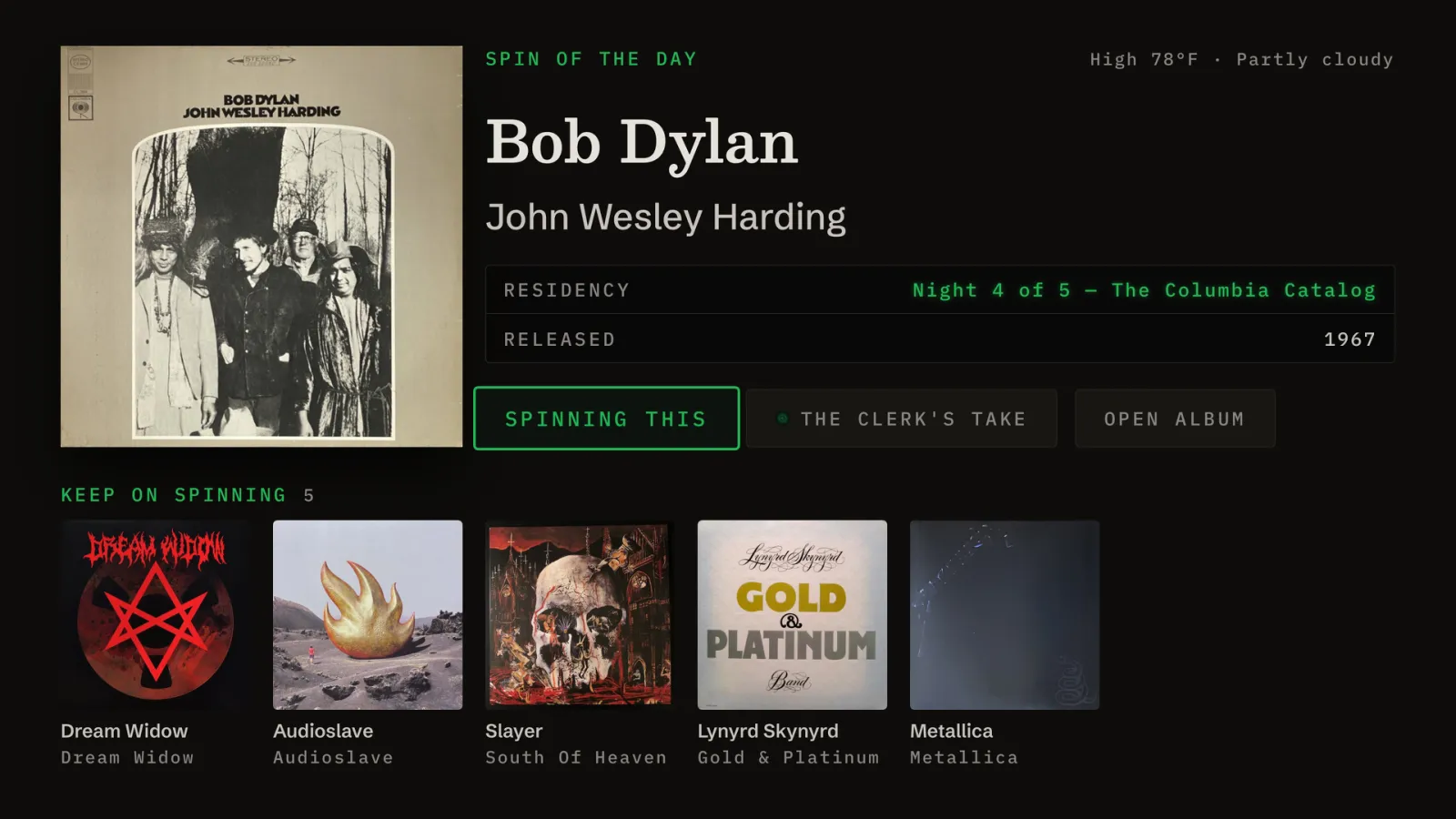 Gatefold on Apple TV: Spin of the Day showing Bob Dylan's John Wesley Harding, night 4 of a Columbia residency, with the Spinning this, The Clerk's take and Open album buttons and a Keep on spinning row underneath.