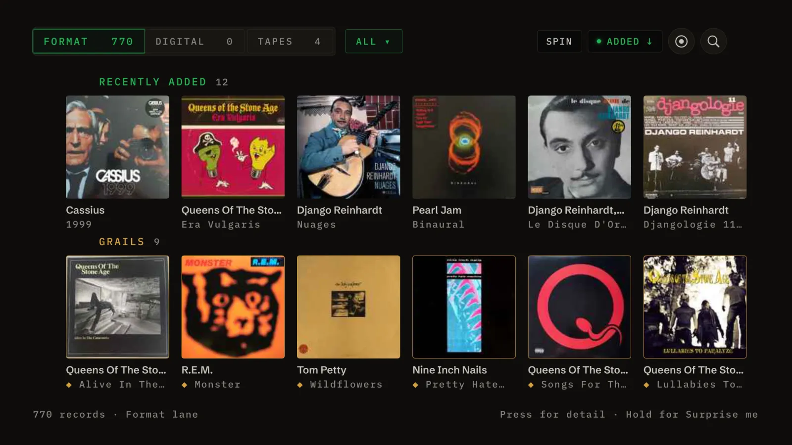 Gatefold on Apple TV: the shelf, 770 records in the format lane, with a Recently added row and a Grails row of album covers.