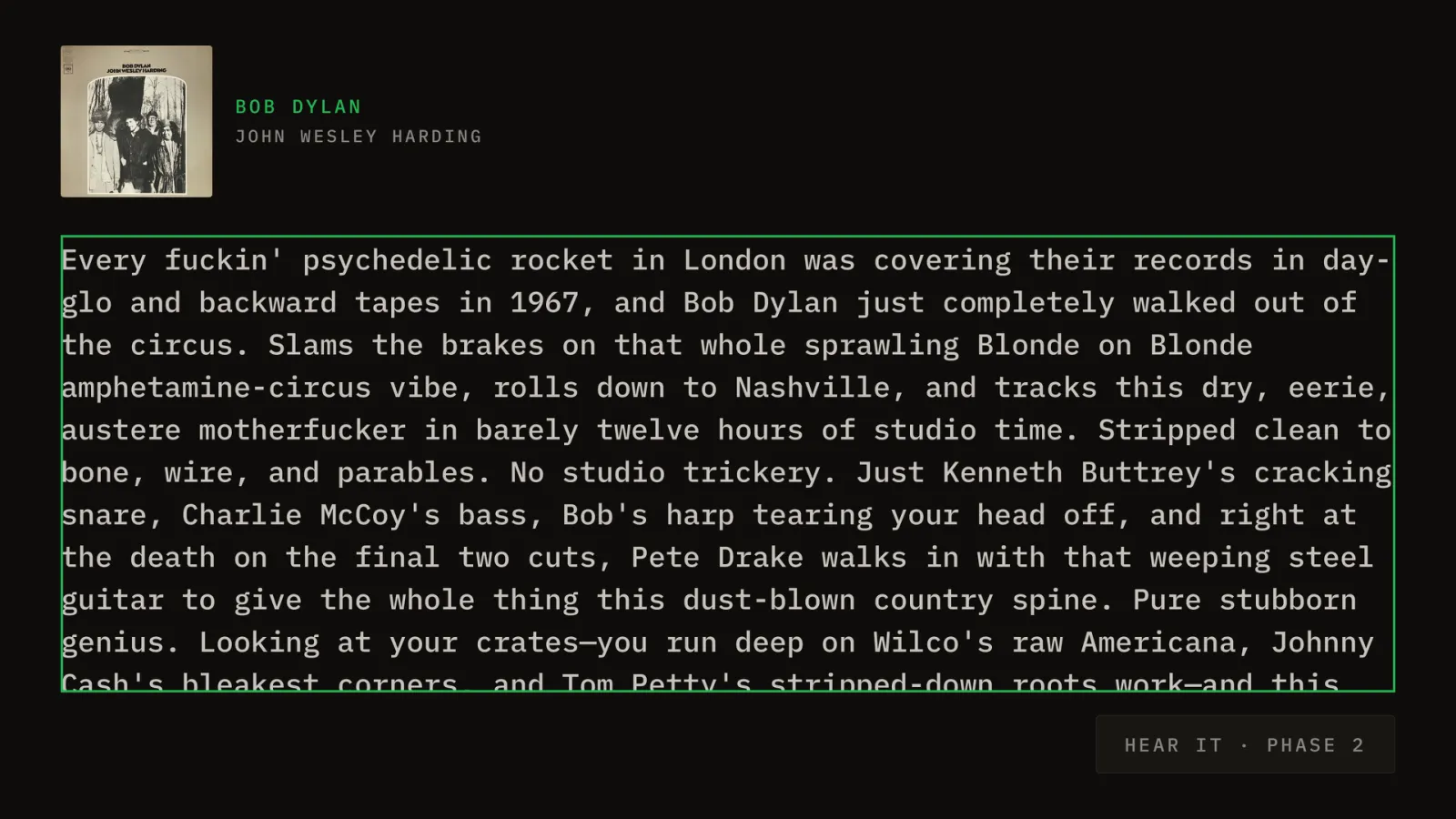 Gatefold on Apple TV: the Clerk's commentary on Bob Dylan's John Wesley Harding, a long paragraph about the 1967 Nashville sessions.