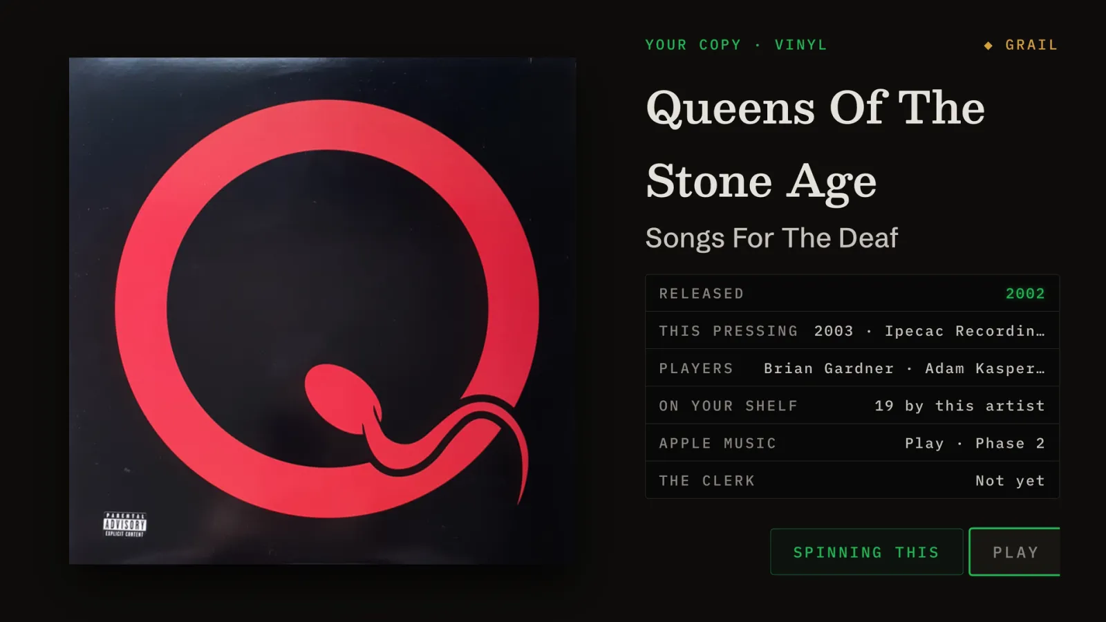 Gatefold on Apple TV: the album page for Queens of the Stone Age's Songs for the Deaf, marked as a grail, with the release year, this pressing, the players and how many records by the artist are on the shelf.